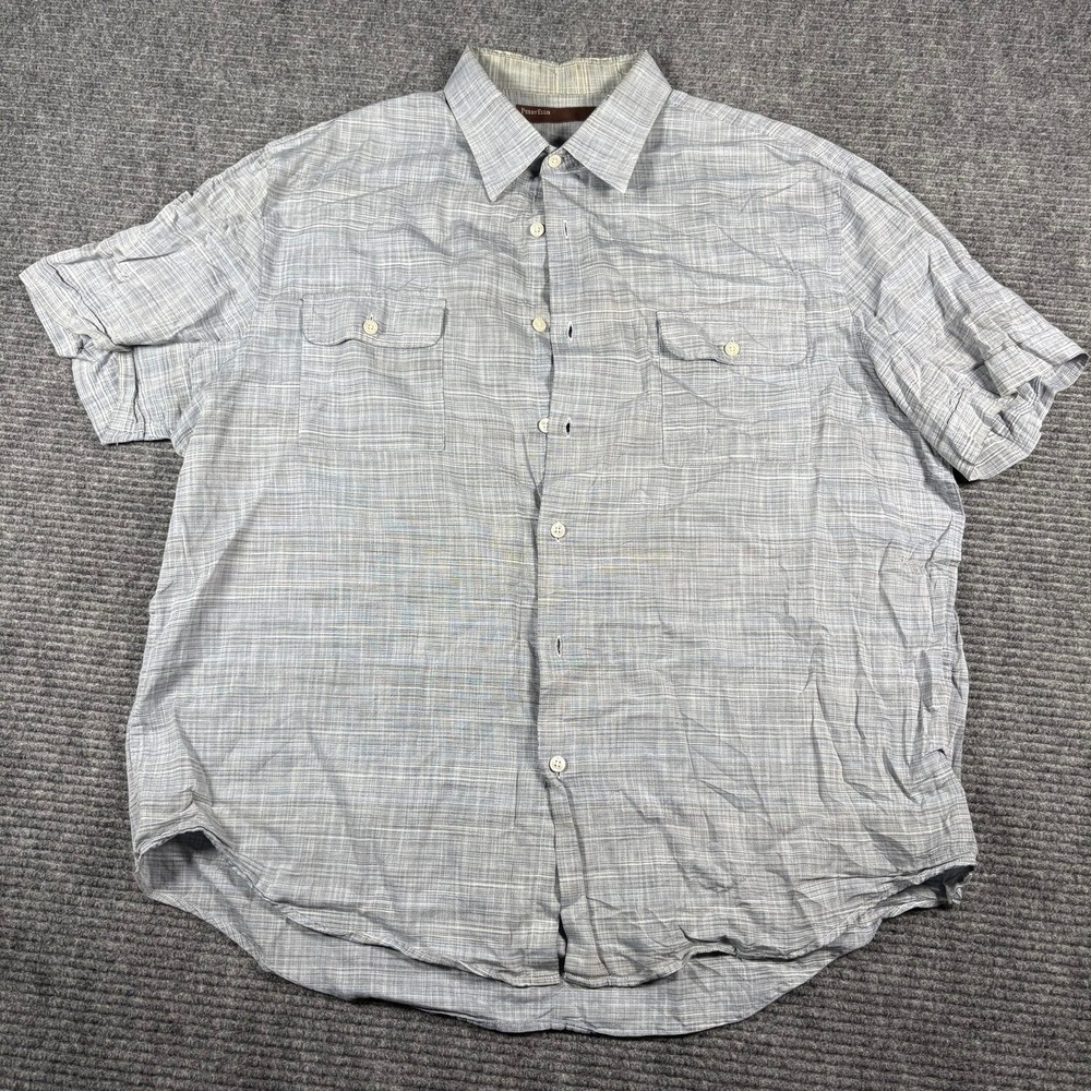 Perry Ellis Button Up Shirt Mens XL Blue Good Short Sleeve Slub Textured